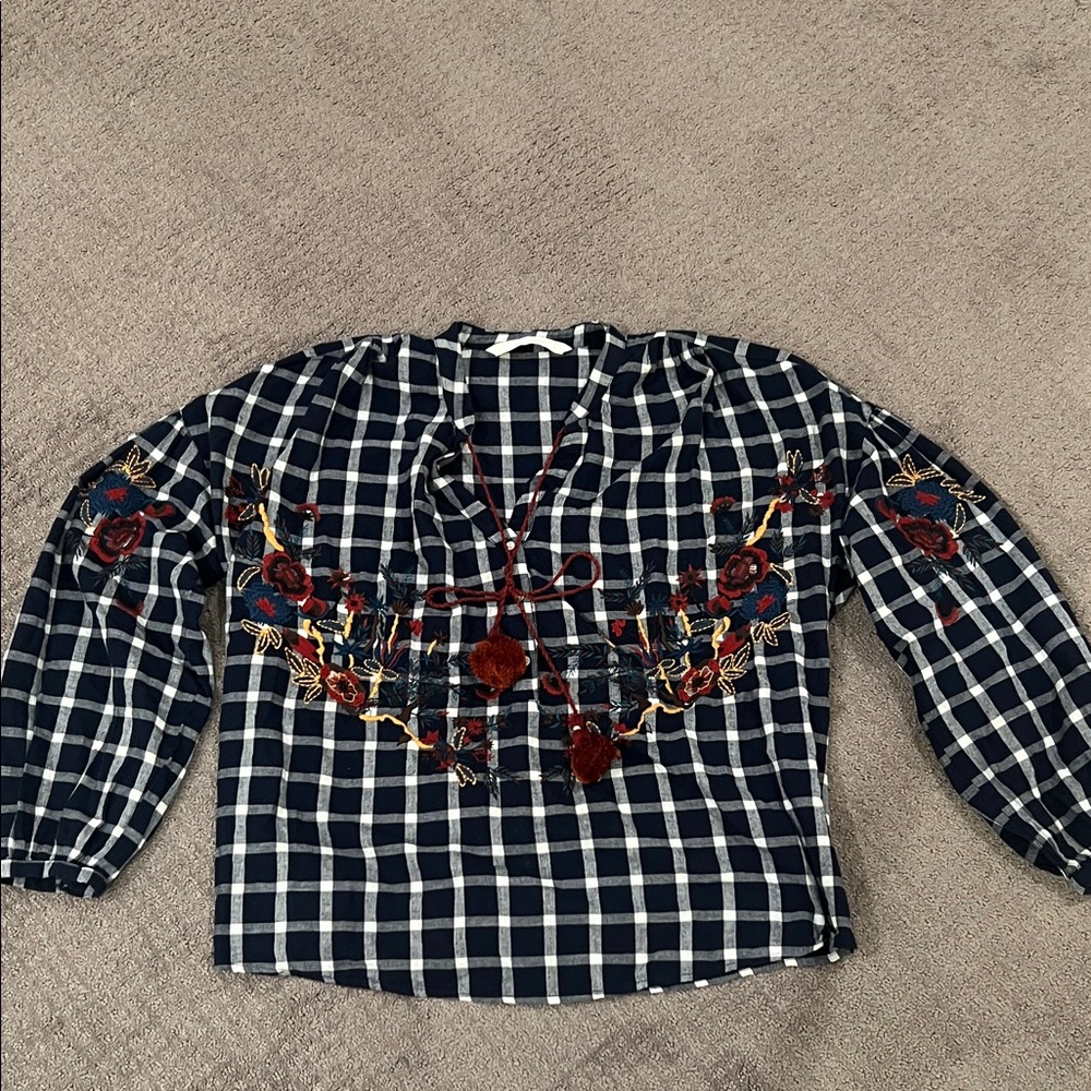 Zara Navy and White Checkered Top